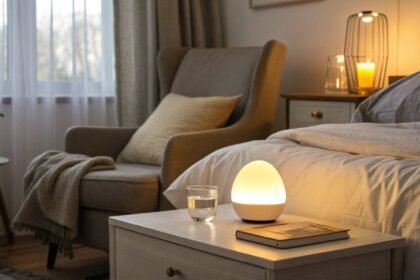 Aesthetic modern bedroom with warm smart sleep lighting simulating a natural sunrise for a gentle, automated wake-up routine.