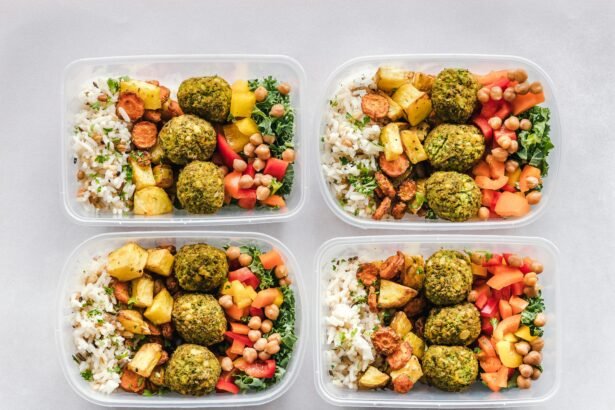 Healthy and affordable student meal prep containers with falafel, rice, and veggies