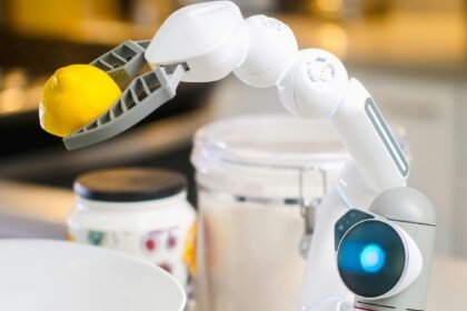 Futuristic robotic arm assisting with lazy meal prep in a smart kitchen