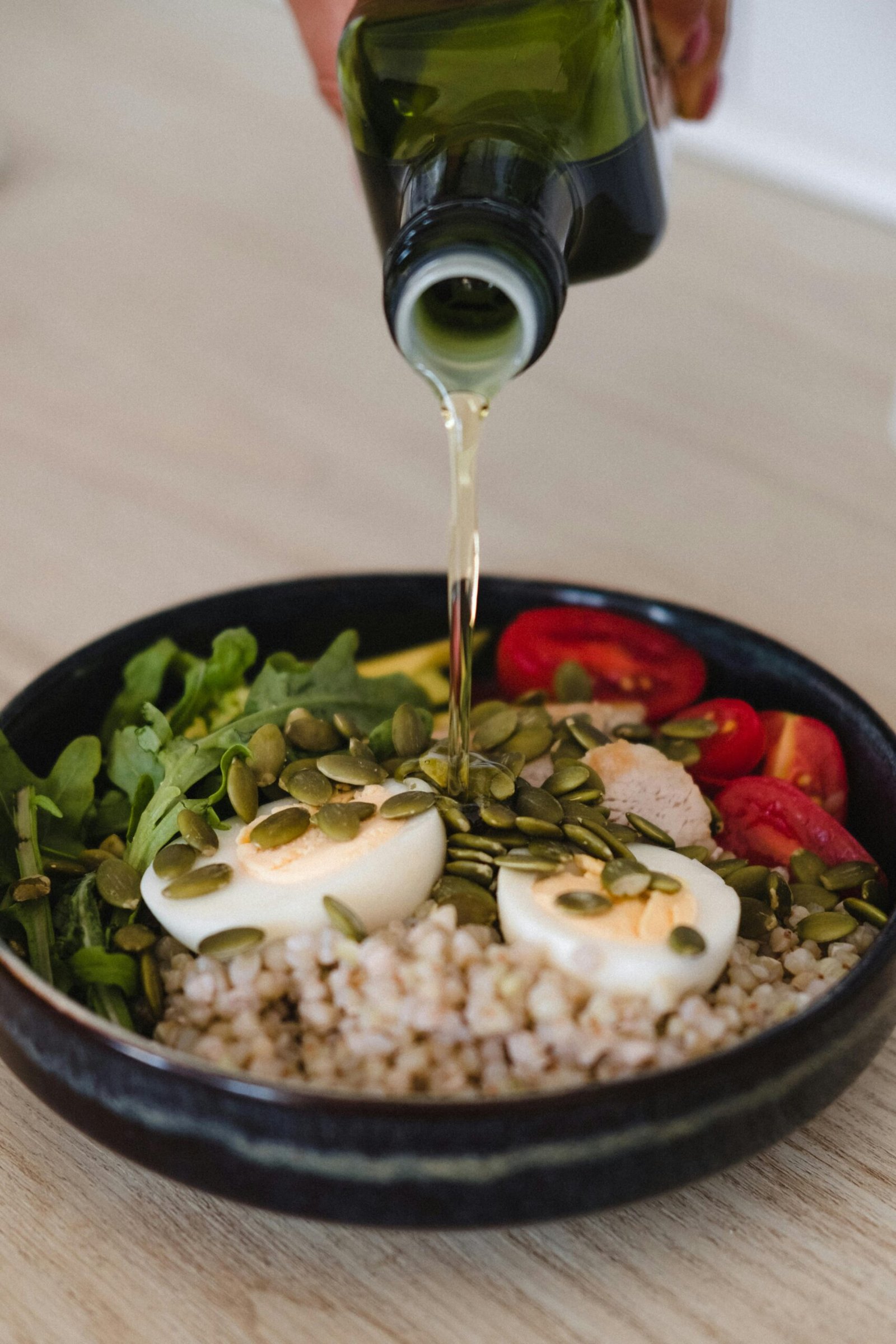 Quick and healthy no-cook grain bowl assembly with fresh ingredients