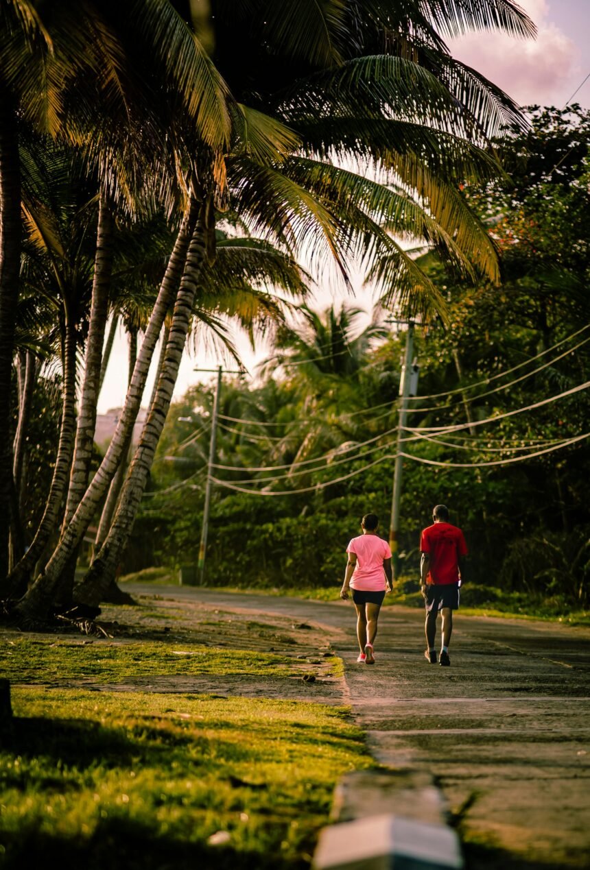 morning walk instead of coffee - people walking on outdoor path at sunrise