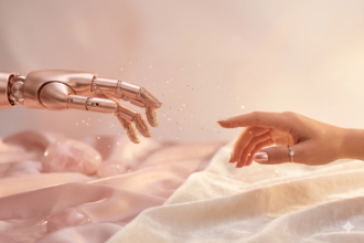 Aesthetic robotic hand touching a human hand representing soft life A.I. automation for stress-free routines