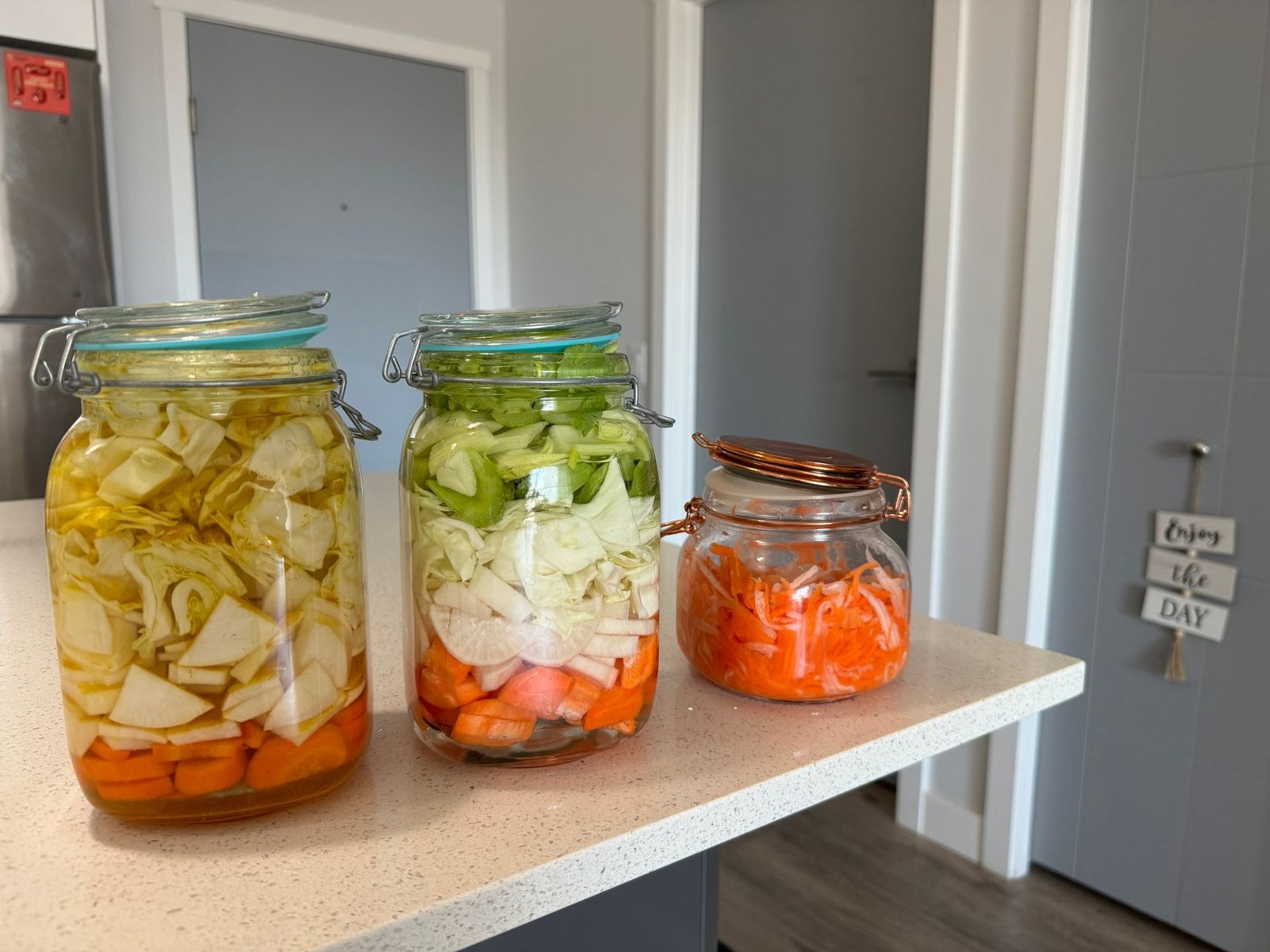 Colorful glass jars filled with lacto-fermented cabbage, carrots, and radishes on a wooden counter.